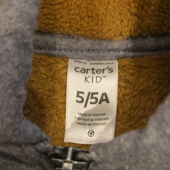 Carter's Cozy Gray Hoodie with Tan Sherpa Lining Size 5 - Picture 3 of 4